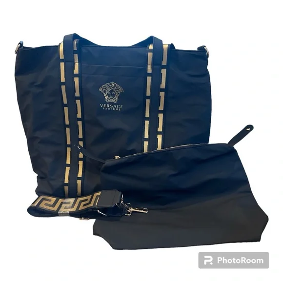 Versace Parfums Tote Medusa Logo Soft Vinyl Black and Gold NWT - Picture 3 of 8